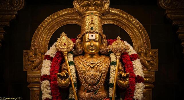 Lord Murugan idol with crown, vel and flower garlands